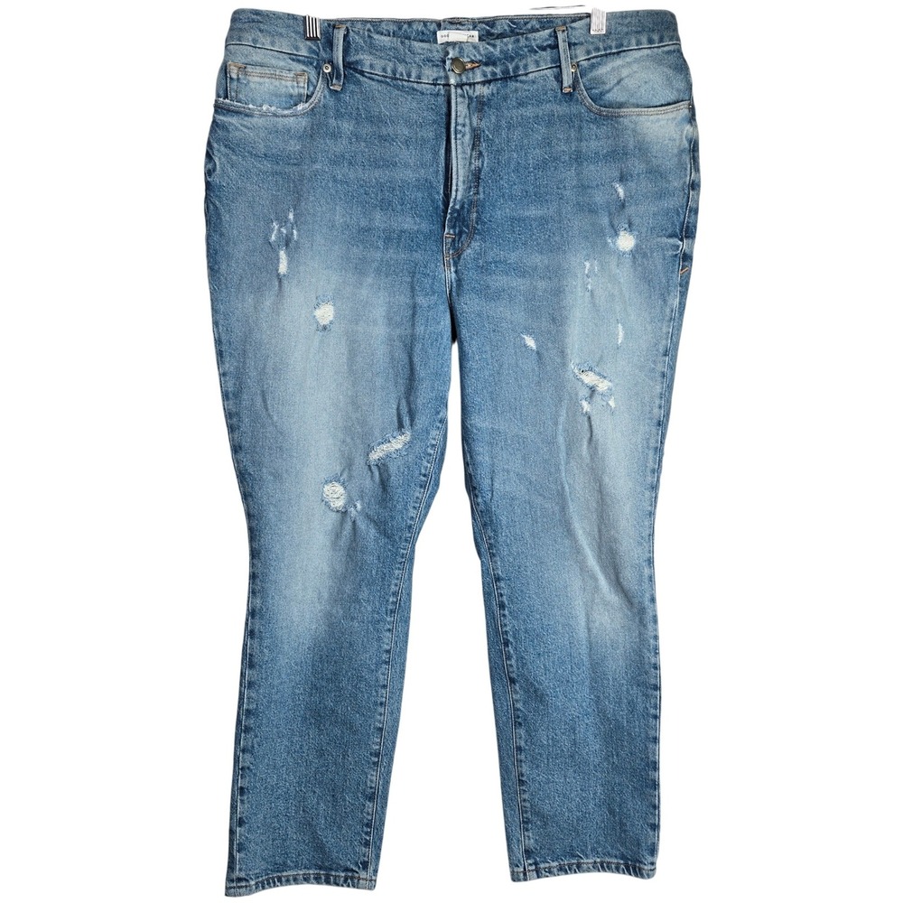Good American Destructed High‎ Rise Straight Leg Jeans Women Size 15 Blue